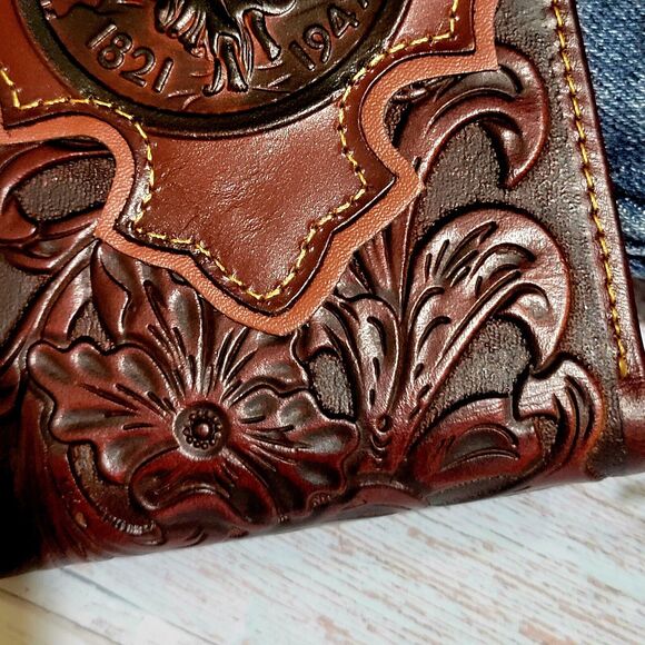 Western Wallet Mexican Embossed Leather Floral Cutout Layered Bifold - Picture 6 of 8
